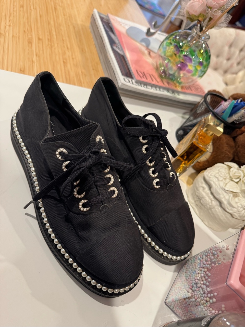 CHANEL Black Lace-Up Pearl-Trim Canvas Boots